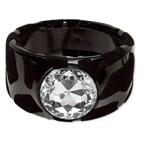 Black Velvet & Vinyl Animal Print Rhinestone Chunky Retro Wide Bangle Bracelet - Picture 1 of 1